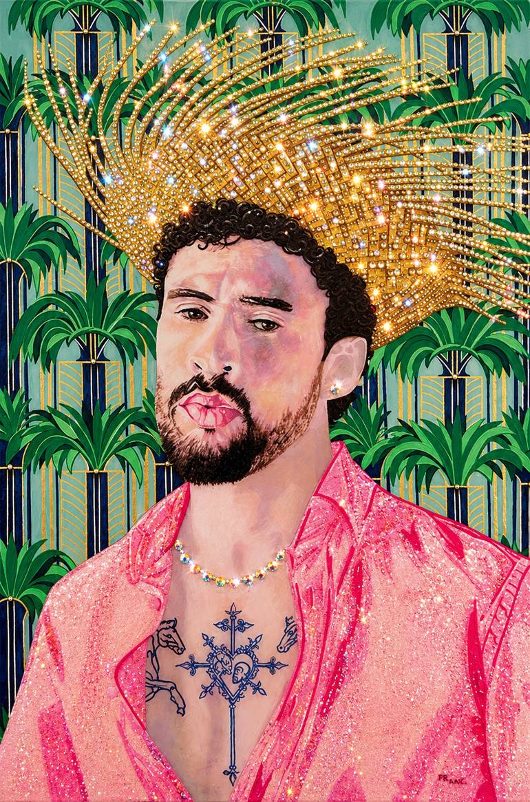 Original Pop Culture/Celebrity Mixed Media by Francois Michel Beausoleil | Expressionism Art on Acrylic | Bad Bunny Super Bowl