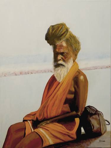 Sadhu looking at Dashashwamedh Ghat thumb