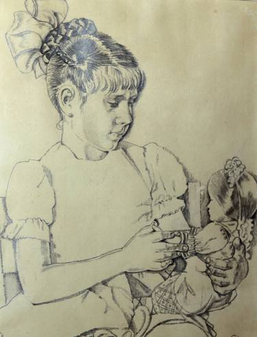 Girl With A Doll Paper Pencil 1988 Drawing By Vassili