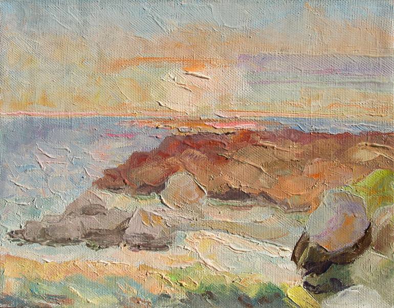 Red Effect on Kazantip Rocks. Sunset. Azov Sea. Painting by Yuri ...