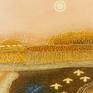 Small landscape painting. An evening with setting sun in yellow/pink/golden colours. The birds that fly across the land are giving some space to this quiet place.