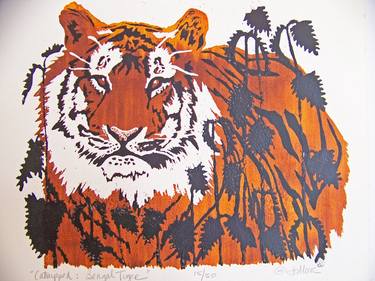 Original Figurative Cats Printmaking by Jo and Jan Moore Romancing The Stone