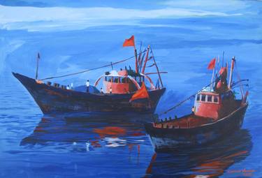 Original Boat Painting by Kumar Varma