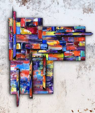 "Block Out" Three Piece Assembled Wooden Wall Sculptural Painting thumb