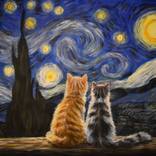 cats watching van goghs starry night by Escha Van Den Bogerd
