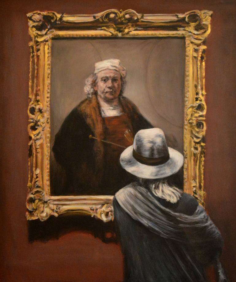 Watching Rembrandt Acrylic On Canvas 90x105cm One Of Rembandts Last Self Portrait He Made Between 1665 And 1669 At Rijksmuseum Amsterdam Painting By Escha Van Den Bogerd Saatchi Art