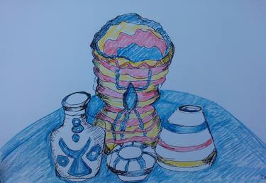 Study: Still life in red, blue and yellow with coil pot I thumb