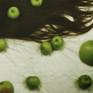 detail showing subject's hair and apples.
