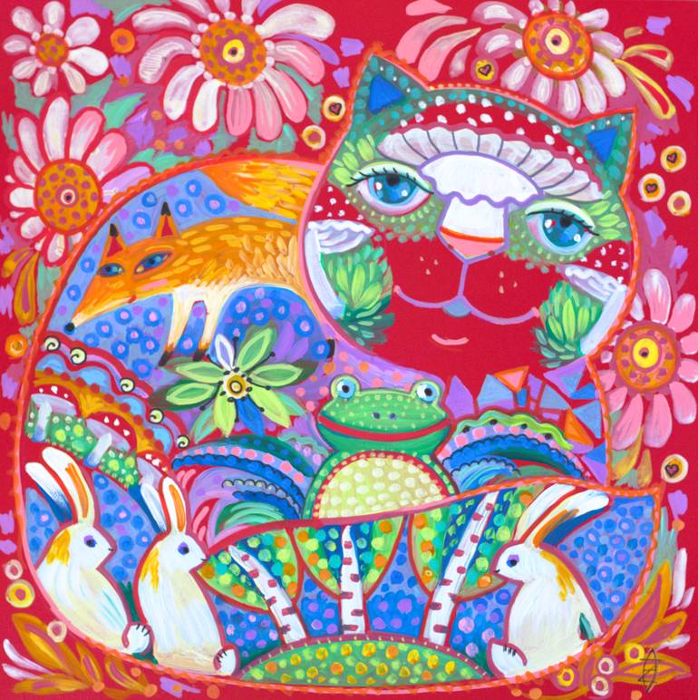 Original Cats Painting by Oxana Zaika | Folk Art on Paper | World of cats