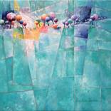 Landscape and trees in turquoise  /  100 x 100 x 3 cm by Beatrice BEDEUR