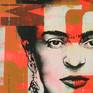 The famous Frida Kahlo, as she has never been portrayed before. Ronald hand painted her portrait and mixed it with typographic form. Combined with the neon orange and gold brown color palette, this painting is a vibrant statement piece.