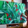 Diptych of two panels of 70x100 cm each.
Red hibiscuses coming out of a bamboo forest, symbolizing the happy moments in a life strewed with challenges.