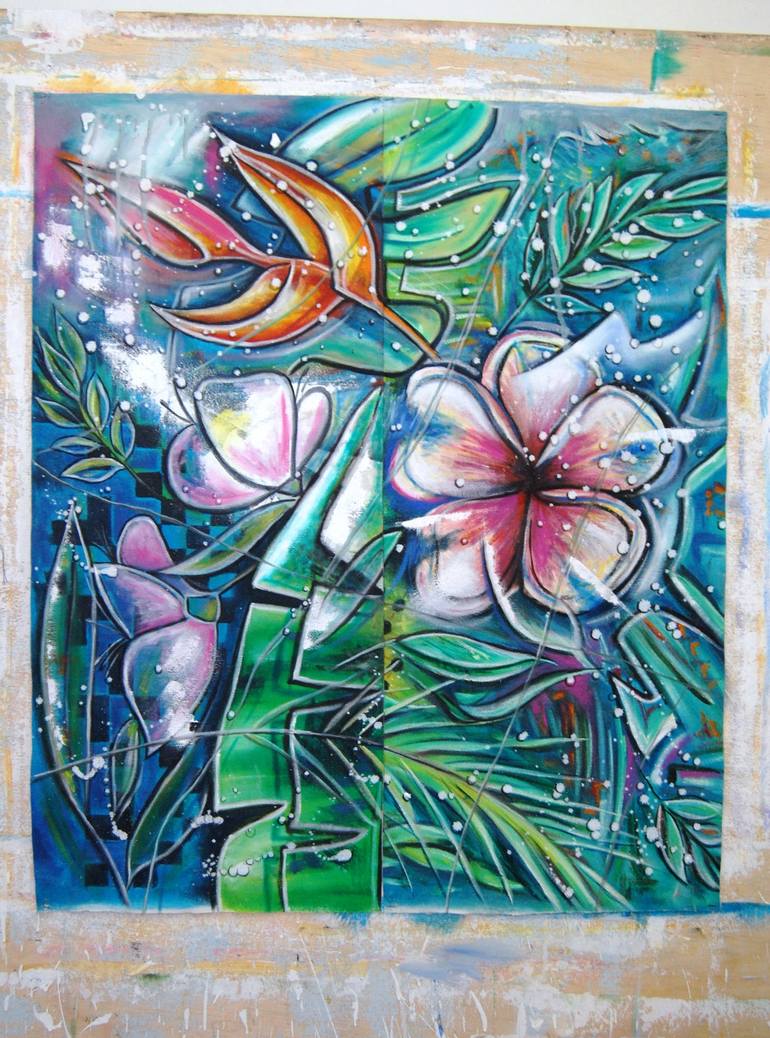 Original Art Deco Floral Painting by Marcio Franca Moreira