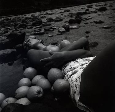 Girl With Oranges In River, BW thumb