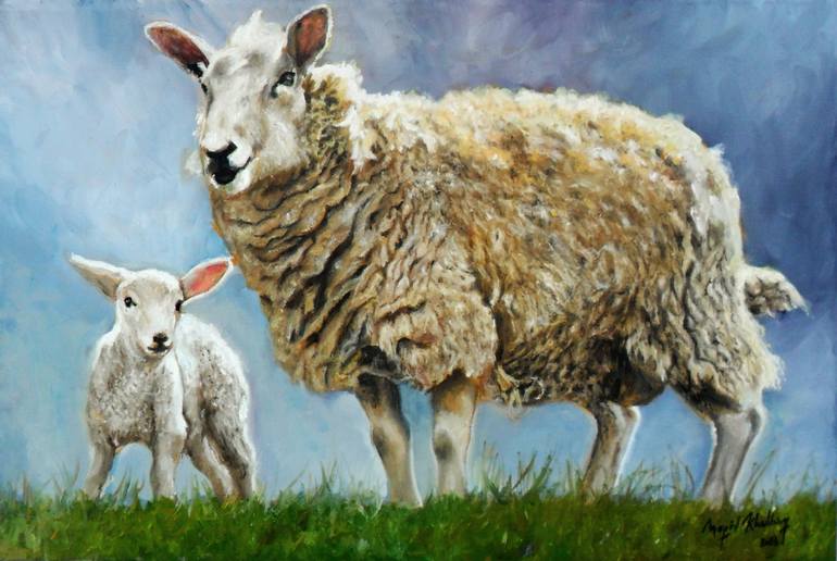 A Lamb with its Mother Sheep Painting by Majid Khedhiry | Saatchi Art