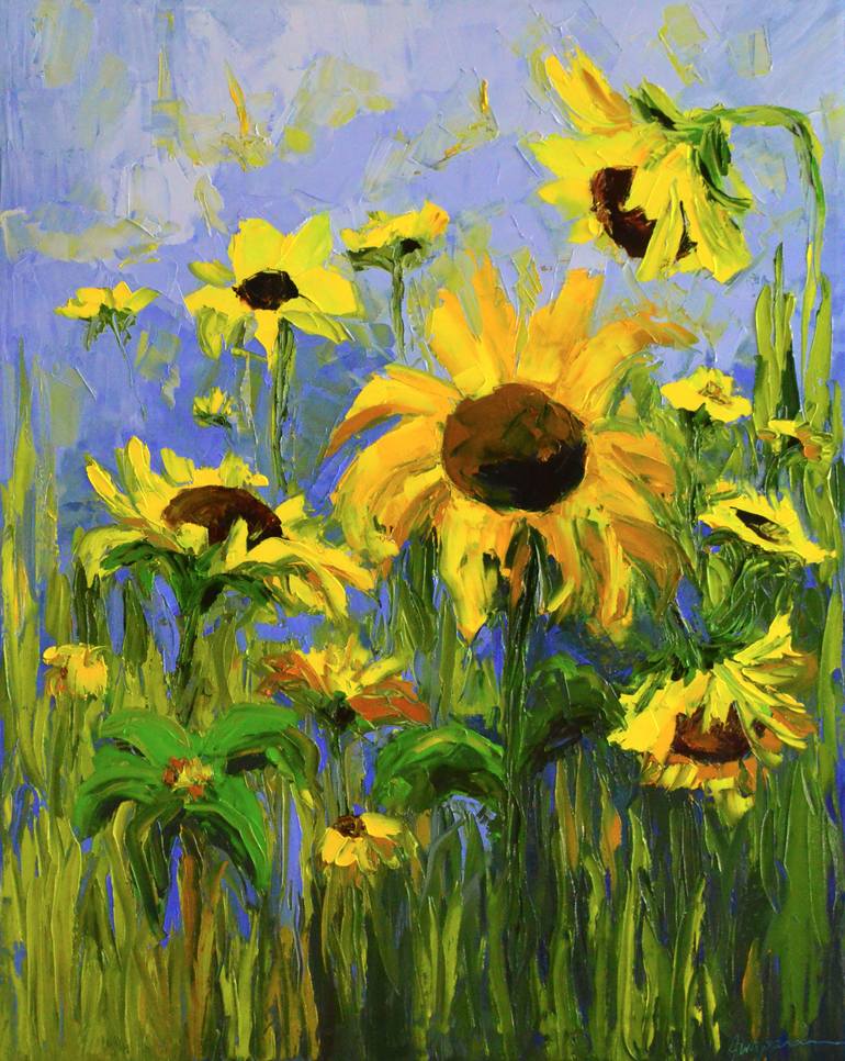 Sunflower Field Impressionist Oil Painting Palette Knife Artwork