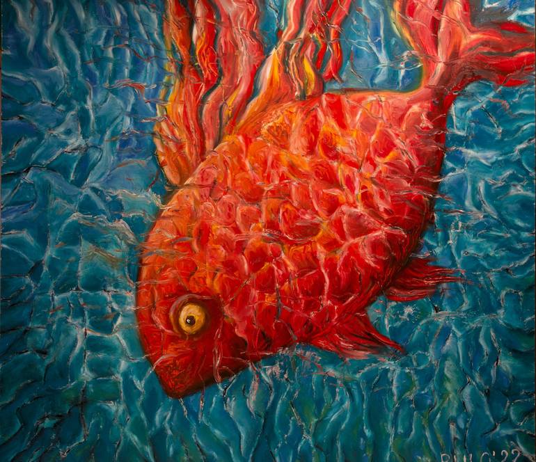 Red fish dives into the depths Painting by Ruslana Lokhina