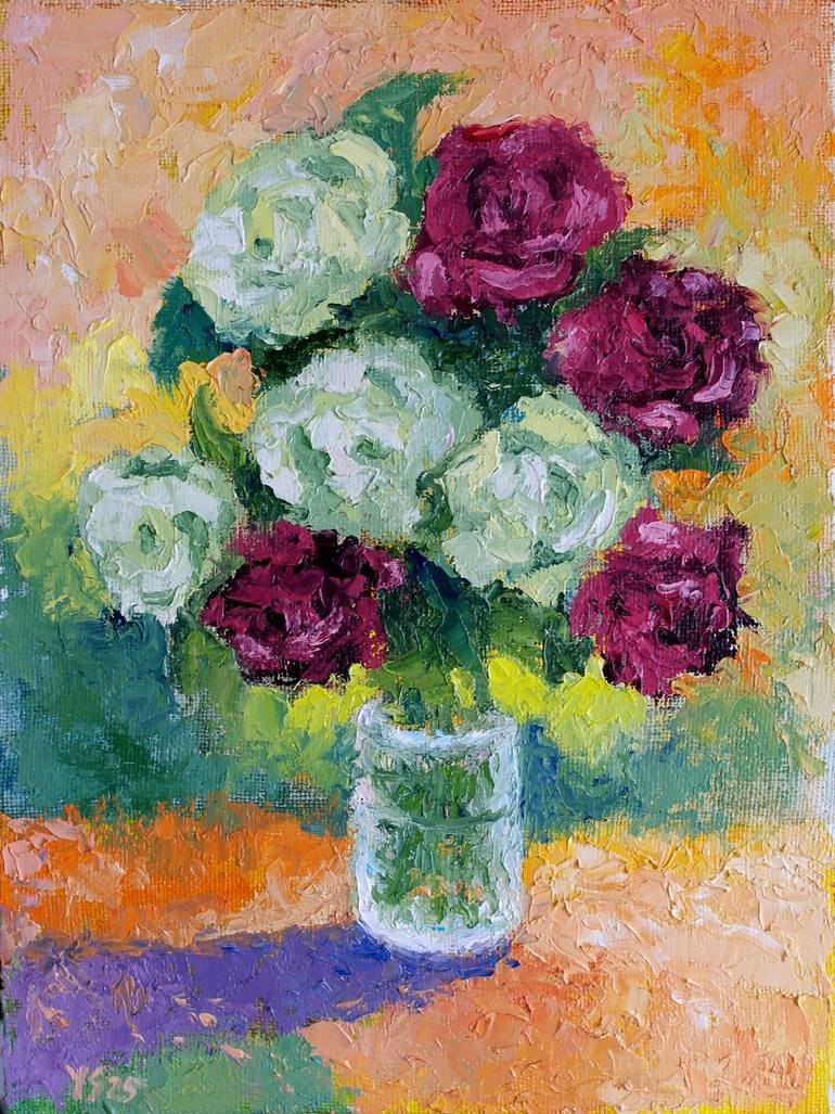 Original Floral Painting by Juri Semjonov | Expressionism Art on Canvas | Red And White Roses