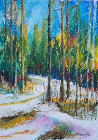 Rustic Landscape Oil Pastel Drawing by Maryna Yasar