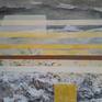 CHASSIS TOILE LIN - 2 chassis de 61x46 cm 
acrylique et bitume
jaune Naples - jaune sahara - blanc titane - gris - terre sienne 
Ce diptyque peut être accroché horizontalement ou verticalement. Cela ne change pas l'esprit de la peinture qui propose une vue extérieure depuis l'intérieur d'une maison.
Le regard prend ainsi une distance par rapport au paysage réel ou rêvé.
J'ai aimé entrer dans une certaine " atmosphère " qui reflète un moment où la réalité s'éloigne au profit d'une réflexion intérieure.