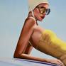 The subject reclines, her swimwear, swimming cap and of course, the car's fender, all scream of a bygone age of vintage style. The sea that captivates her gaze is unseen to us. The contrast in colours of the bright yellow and blues is uplifting, a healthy celebration of being outside. It is painted on a fine linen stretched canvas using the finest oils.