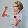 A whimsical work with a simple narrative. An elegant woman discreetly adjusting her appearance with the help of a butter knife.
Painted using the finest quality oils on an excellent stretched canvas.