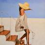 A woman descends a flight of steps. She wears a straw sun hat, the shade from which, hides her from the sun and us. Her linen beach shroud billows in a gentle breeze. A simple image which feeds my own liking for basic experiences. Part of my world traveller collection, painted with the finest quality artist's oils on stretched canvas and finished with a light satin varnish.