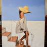 A woman descends a flight of steps. She wears a straw sun hat, the shade from which, hides her from the sun and us. Her linen beach shroud billows in a gentle breeze. A simple image which feeds my own liking for basic experiences. Part of my world traveller collection, painted with the finest quality artist's oils on stretched canvas and finished with a light satin varnish.