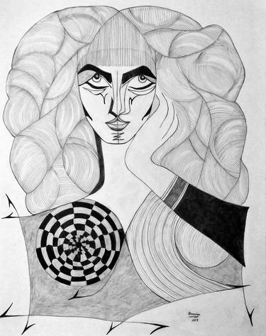 Pencil Drawing Female Face Emotion Eye Original Signed Picture Art 30x42cm