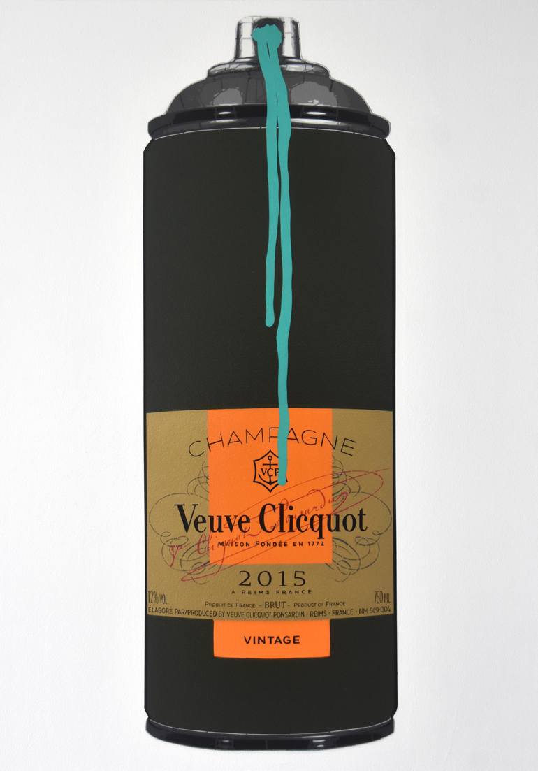 Original Food & Drink Painting by Campbell La Pun | Pop Art Art on Wood | Veuve Clicquot Vintage 2015 (UFO Drip)