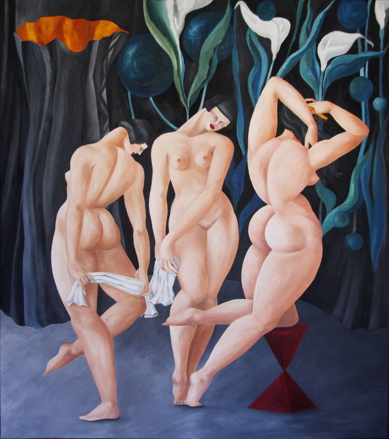 Original Art Deco Nude Paintings by Prasong Kantanee