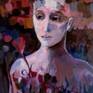 Acrylic on canvas, portrait, silent lady. silence for the facts. lady silent for so many events. Just silence and flowers.
red, blue, pink, lady face.