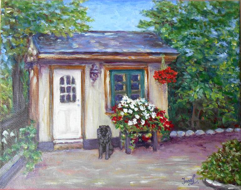 Simple painting of a house and garden Stock Photo - Alamy