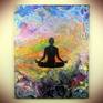 Original acrylic painting on back stapled canvas. I named it "Deep Meditation". I painted the figure from the real girl sitting in the pose of the lotus. 
The background is painted with pouring acrylic and mediums, and has some texture. Sides are painted, no need to frame. Hand signed and dated at the back. Varnished with light gloss varnish for UV protection.

*Size: 16" X 20" X 3/4".