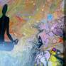 Original acrylic painting on back stapled canvas. I named it "Deep Meditation". I painted the figure from the real girl sitting in the pose of the lotus. 
The background is painted with pouring acrylic and mediums, and has some texture. Sides are painted, no need to frame. Hand signed and dated at the back. Varnished with light gloss varnish for UV protection.

*Size: 16" X 20" X 3/4".
