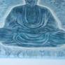 This is my "The Meditating Buddha" original painting, acrylic on 16 x 20 inches traditional back stapled canvas 0.75 inches deep. 
I was inspired by beautiful antique Gandhara Schist Sculpture of the Buddha from Afghanistan. I painted the silhouette of the Buddha on the poured fluid acrylic background created with blue, white, and turquoise fluid acrylic paint. The sides are painted, no need to frame.
The artwork is signed at the front, and back.