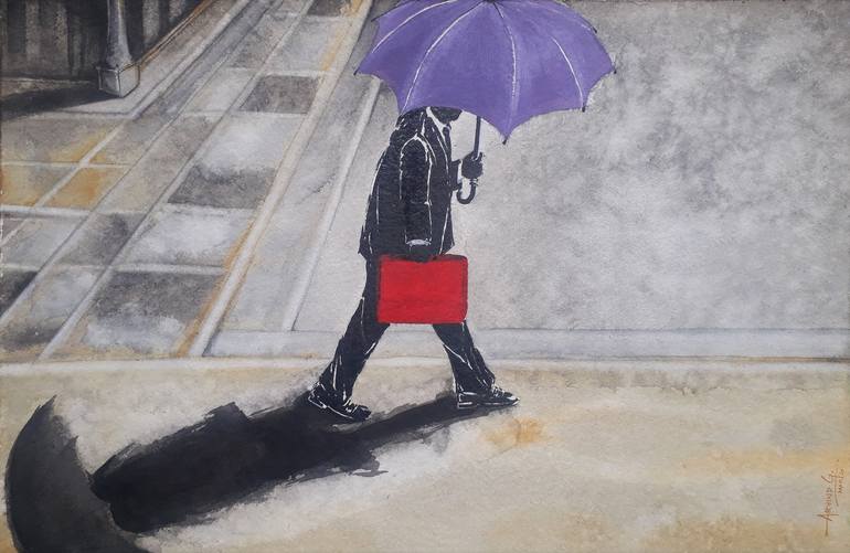 man with umbrella painting