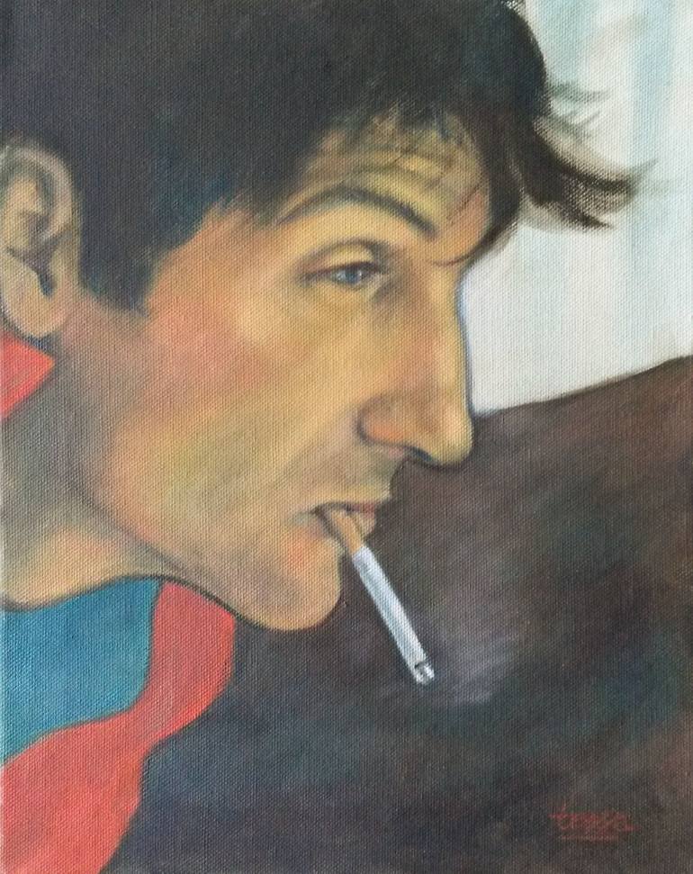 Just a Moment - portrait of man with cigarette Painting by Tessa Thonett | Saatchi Art