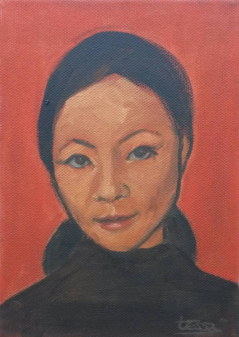 Orange lady small portrait of oriental woman Painting by Tessa