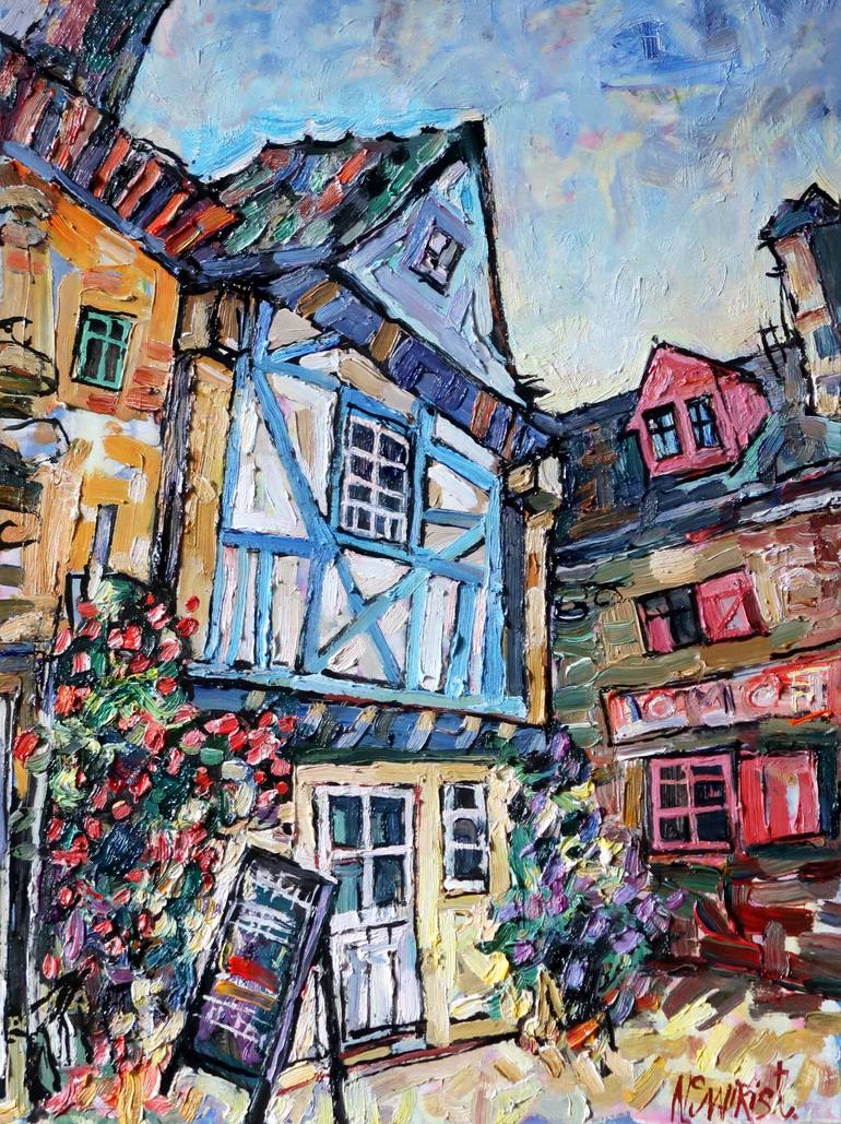 Original Architecture Painting by Nicolai Ostapenco | Impressionism Art on Other | Flowers and cafe.