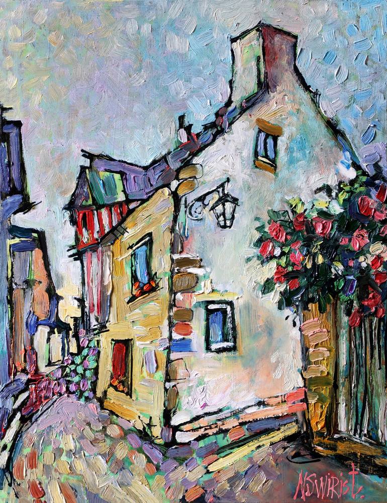 Original Architecture Painting by Nicolai Ostapenco | Impressionism Art on Canvas | House and roses.