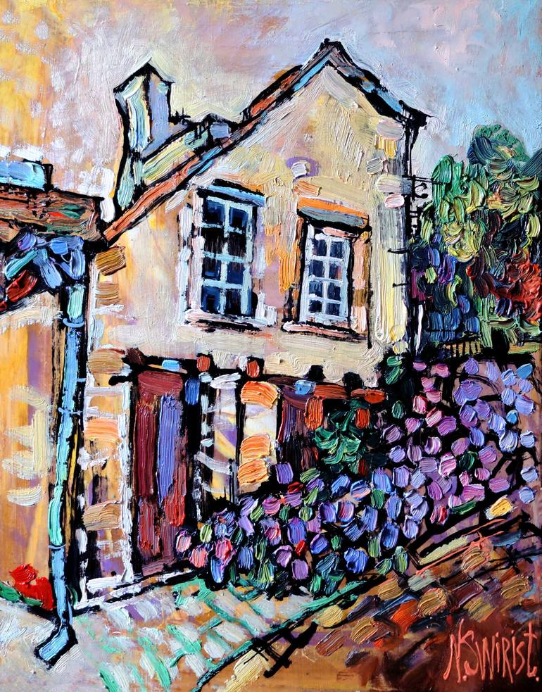 Original Architecture Painting by Nicolai Ostapenco | Impressionism Art on Other | House and hydrangeas. Auray.