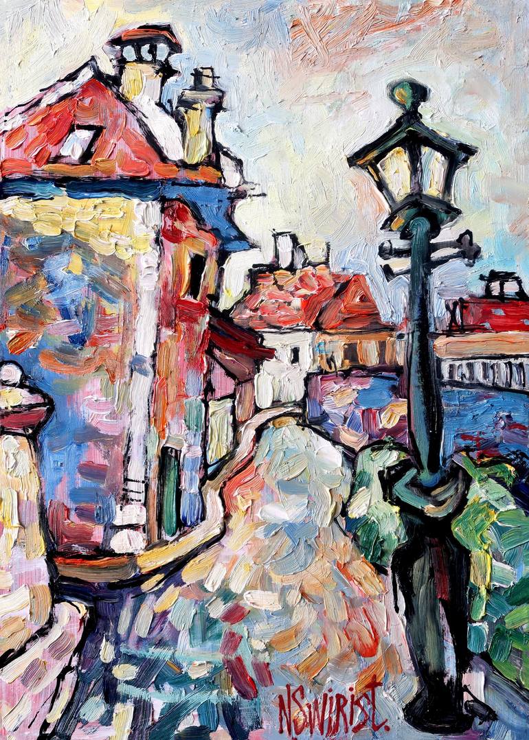 Original Architecture Painting by Nicolai Ostapenco | Impressionism Art on Other | Street and lantern.