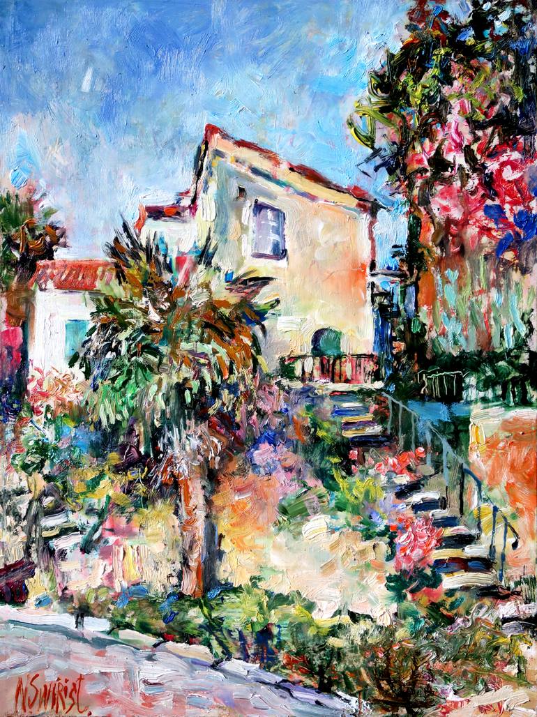 Original Architecture Painting by Nicolai Ostapenco | Impressionism Art on Mdf | Antibes and a Palm