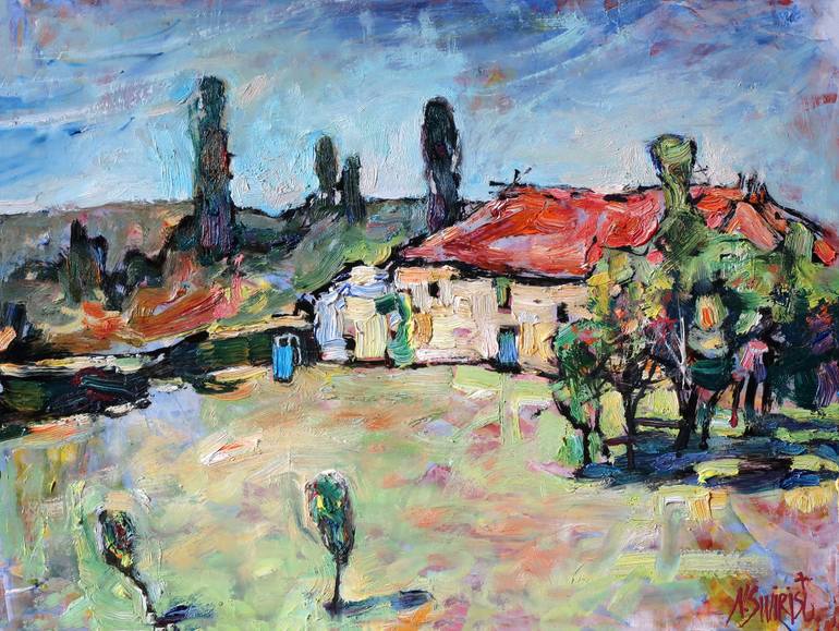 Original Architecture Painting by Nicolai Ostapenco | Impressionism Art on Mdf | A Farm in the Dordogne River Valley