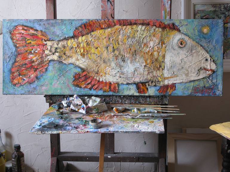 Original Abstract Expressionism Fish Painting by Nicolai Ostapenco