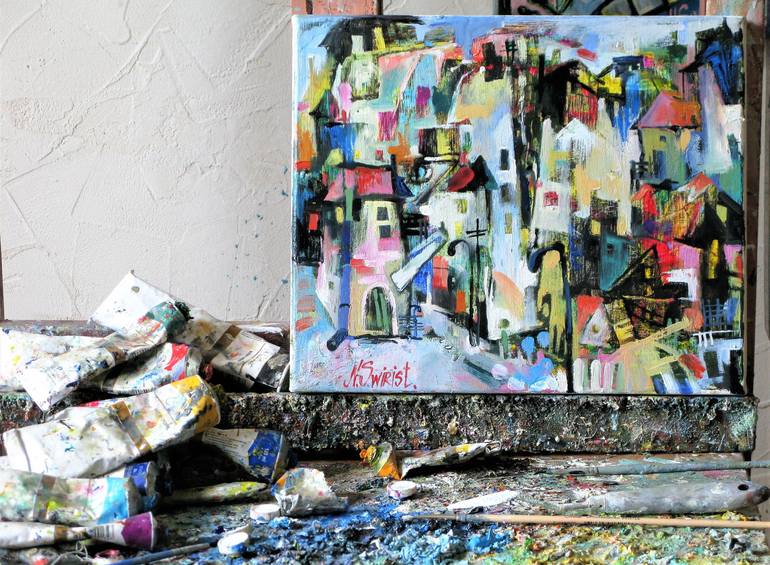 Original Abstract Expressionism Cities Painting by Nicolai Ostapenco