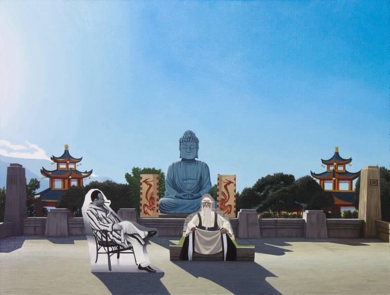 Original Landscape Painting by James Moore | Figurative Art on Paper | Al Capone (Marco Polo) and Pai Mei (Kublai Khan) 1272AD