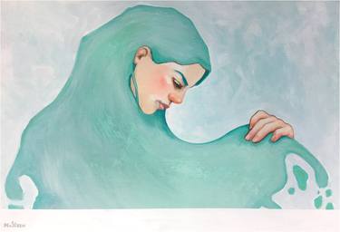 women painting women: surrealist spiritual painting "The only way out, is in". 38x55cm  - 15x22in thumb