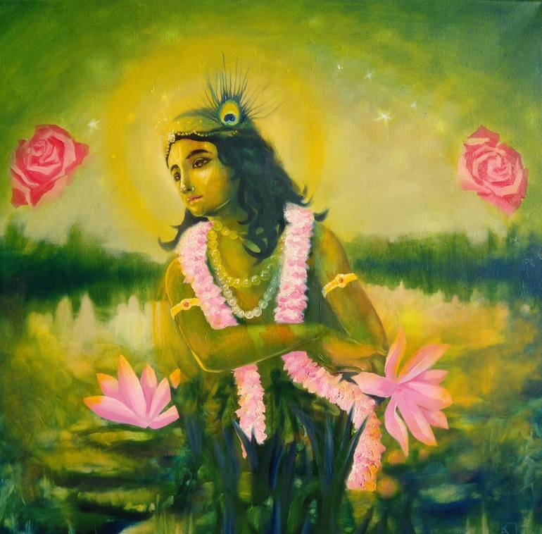 Original Religion Painting by Attila Kovari | Figurative Art on Canvas | Krisna in the lake